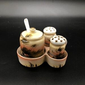 Vintage Nippon Hand-Painted Condiment Set (Salt, Pepper & Mustard)